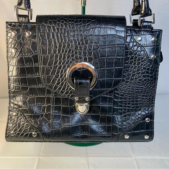 90s Structured Handbag Black Croc Embossed Box Purse Chenson - Picture 2 of 14